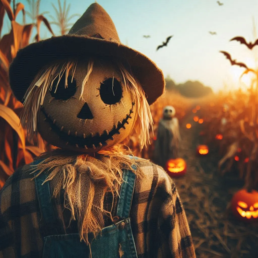 Espantalho com cabeça de palha e pano no mei do milharal no halloween